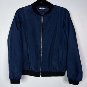 New Zeagoo Womens Small S Navy Blue Bomber Jacket Zip Up Coat Black Trim Pockets